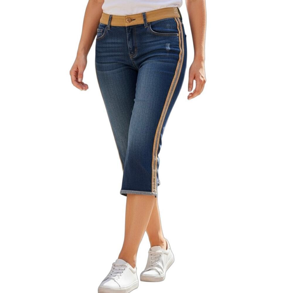 Pepe Jeans Women's Iris Capris 32 Distressed Y2K Side Stripe Medium Wash Cuffed
